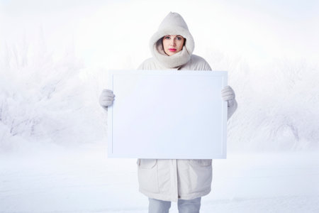 Young woman in winter clothes holding white sheet of paper against snowy landscapeの素材