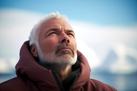 Portrait of senior man in winter jacket looking away against snowy landscapeの素材