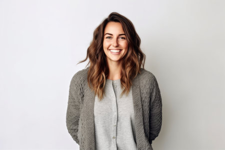 Portrait of a beautiful young woman smiling at the camera while standing against white backgroundの素材