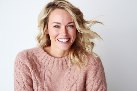 Portrait of a beautiful young woman with blond hair smiling at the cameraの素材
