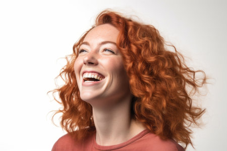 Portrait of a beautiful young woman with red curly hair on a white backgroundの素材