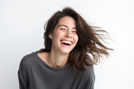 Portrait of a beautiful young woman laughing with her hair blowing in the windの素材