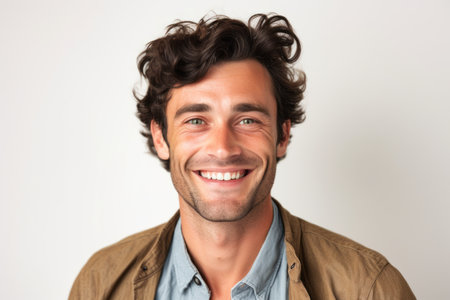 Portrait of a handsome young man smiling at camera over white backgroundの素材