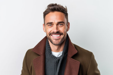 Portrait of a handsome young man in coat smiling at camera on white backgroundの素材