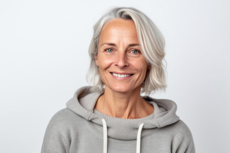 Portrait of smiling senior woman in gray hoodie on white backgroundの素材