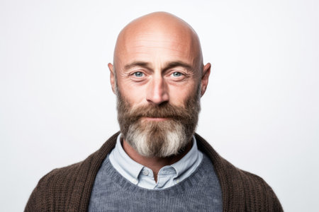 Portrait of a bald man with a beard on a white backgroundの素材