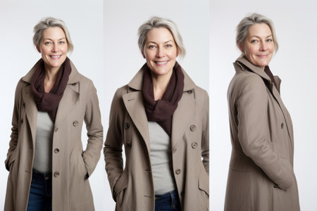 Portrait of a happy senior woman in trench coat, isolated on white backgroundの素材