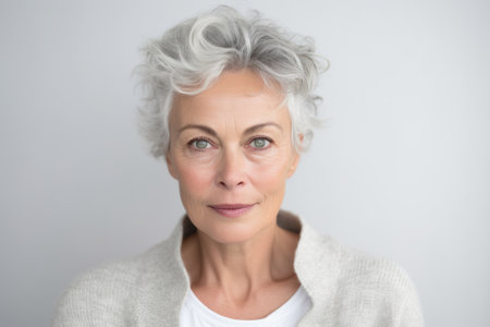 Portrait of senior woman with gray hair against gray background in studioの素材