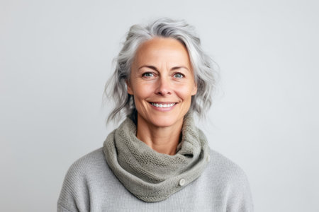 Portrait of mature woman with gray hair and scarf on gray backgroundの素材
