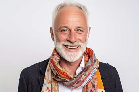 Portrait of a senior man with gray hair and a colorful scarfの素材