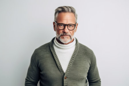 Portrait of senior man in eyeglasses looking at camera while standing against gray backgroundの素材