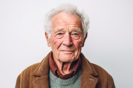 Portrait of an old man with gray hair and a brown sweaterの素材