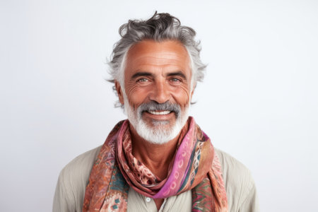 Portrait of a handsome mature man with gray hair wearing a scarfの素材