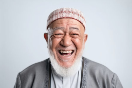 Portrait of a senior asian muslim man laughing on white backgroundの素材