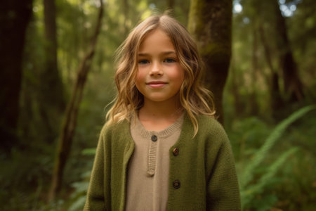 Portrait of a cute little girl in the forest. Selective focus.の素材