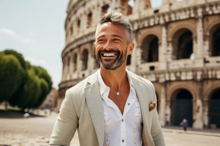 Handsome young man in shirt and jacket smiling while standing in front of Colosseum in Rome, Italyの素材