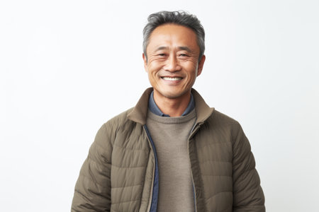 Portrait of a smiling asian man in winter jacket against white backgroundの素材