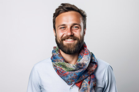 Portrait of a handsome bearded man with a scarf on his neckの素材