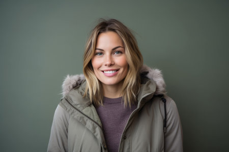 Portrait of smiling woman in winter jacket against green background with vignetteの素材