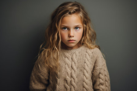 Portrait of a little girl in a sweater on a gray backgroundの素材