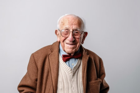 Portrait of a senior man with glasses and a bow tie.の素材