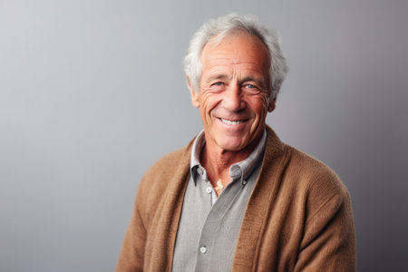 Portrait of a smiling senior man looking at camera against gray backgroundの素材