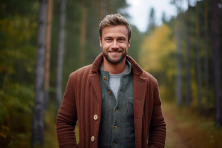 Portrait of a handsome young man in the autumn forest. Men's beauty, fashion.の素材