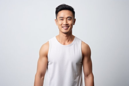 Portrait of a smiling asian man in white t-shirtの素材