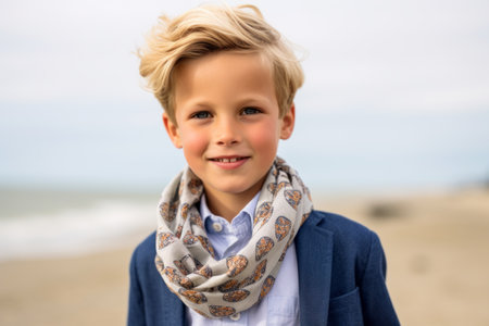 Portrait of a cute little boy with a scarf on the beachの素材