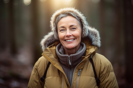 Portrait of smiling mature woman in winter jacket looking at camera in forestの素材
