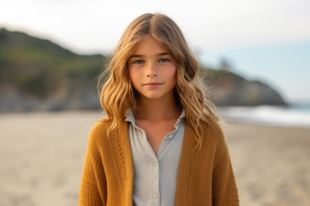 portrait of a beautiful little girl on the beach in autumn seasonの素材