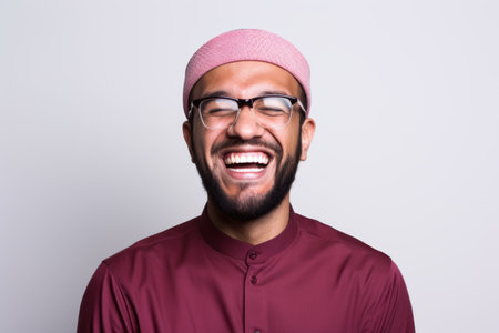 Portrait of a happy young muslim man wearing eyeglassesの素材