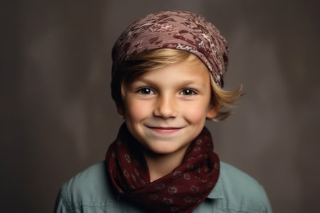 Portrait of a little boy in a bandana on a gray backgroundの素材