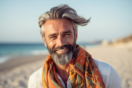 Portrait of happy mature man with beard and scarf on the beachの素材