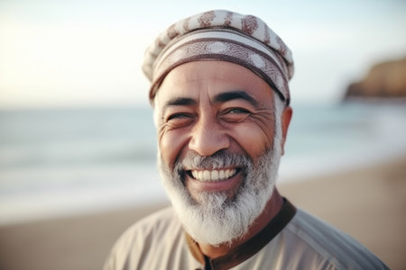 Portrait of a smiling arabian man standing on the beachの素材