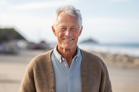 Portrait of smiling senior man standing on beach at the seasideの素材