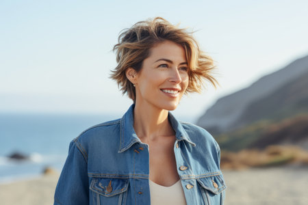 Portrait of a beautiful young woman smiling at the camera while standing outdoorsの素材