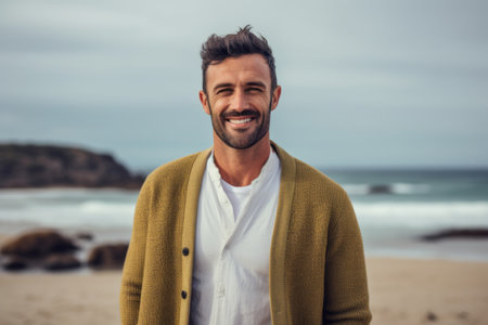 Portrait of handsome man smiling at camera on the beach during autumn dayの素材