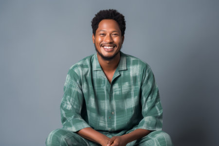 Happy african american man in green pajama sitting on gray backgroundの素材