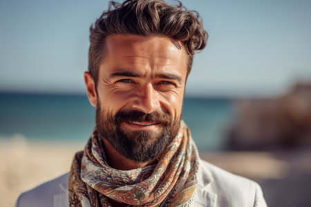 Portrait of a handsome young man wearing scarf on the beach.の素材