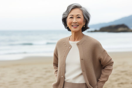 Portrait of smiling senior woman standing on beach, looking at cameraの素材
