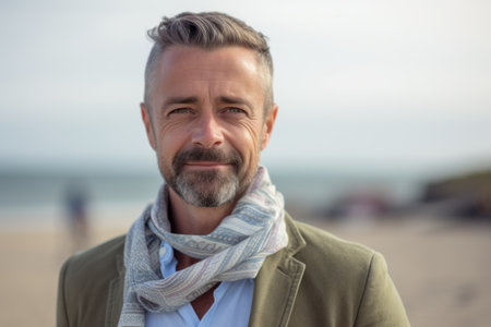 Portrait of handsome mature man with gray hair on the beach in autumnの素材