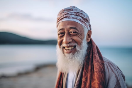Portrait of senior man with white beard on the beach at sunsetの素材