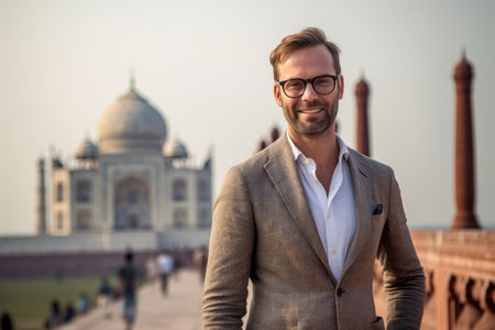 Portrait of a handsome young man on the background of the Taj Mahal in Agra, Indiaの素材