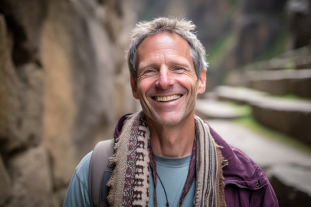 Portrait of smiling senior man with backpack looking at camera in mountainsの素材