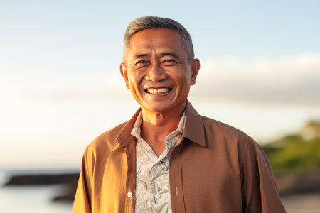 Portrait of a happy mature asian man smiling at the beachの素材