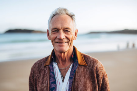 Portrait of senior man smiling at camera on beach during sunny dayの素材