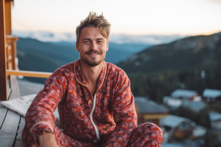 Portrait of handsome young man in pajamas looking at camera and smiling while sitting on wooden terrace with mountain viewの素材