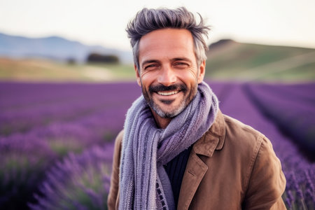 Portrait of a handsome man standing in lavender field and smilingの素材