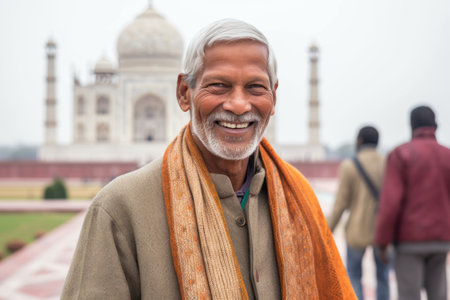 Portrait of a happy senior man in front of Taj Mahal in Agra, Indiaの素材